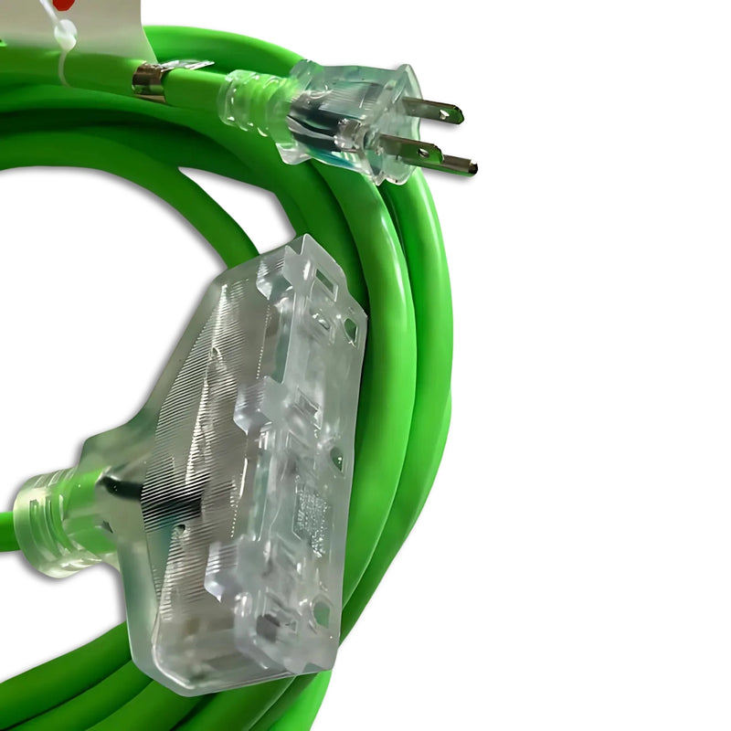 100FT Nema 5-15P to Nema 5-15TT Fan Style Neon Green Lighted Extension Cord 12/3 SJTW NA 20A 125V