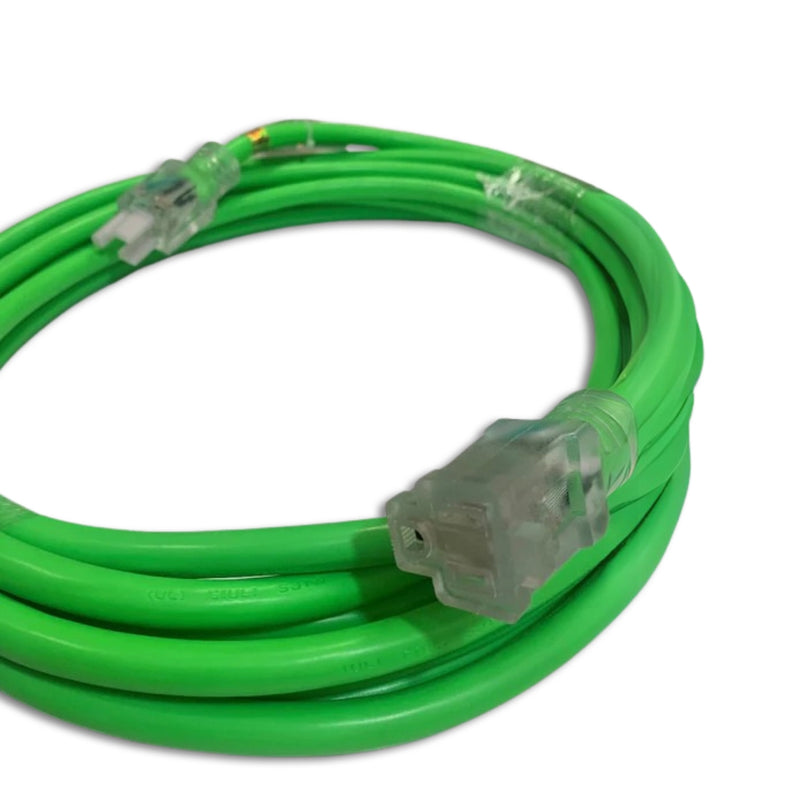 100FT NEMA 5-15P TO NEMA 5-15R NEON GREEN LIGHTED EXTENSION CORD 12/3 SJTW NA 20A 125V
