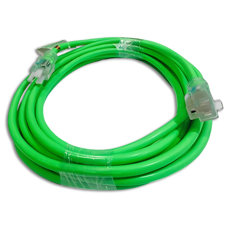 100FT NEMA 5-15P TO NEMA 5-15R NEON GREEN LIGHTED EXTENSION CORD 12/3 SJTW NA 20A 125V