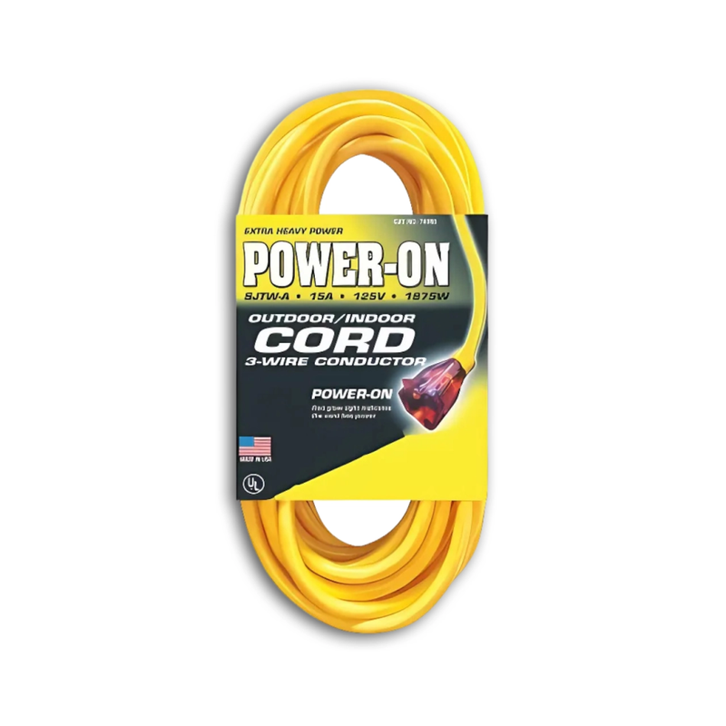 25FT Nema 5-15P to Nema 5-15R Lighted End Yellow Extension Cord 12/3 SJTW NA 20A 125V