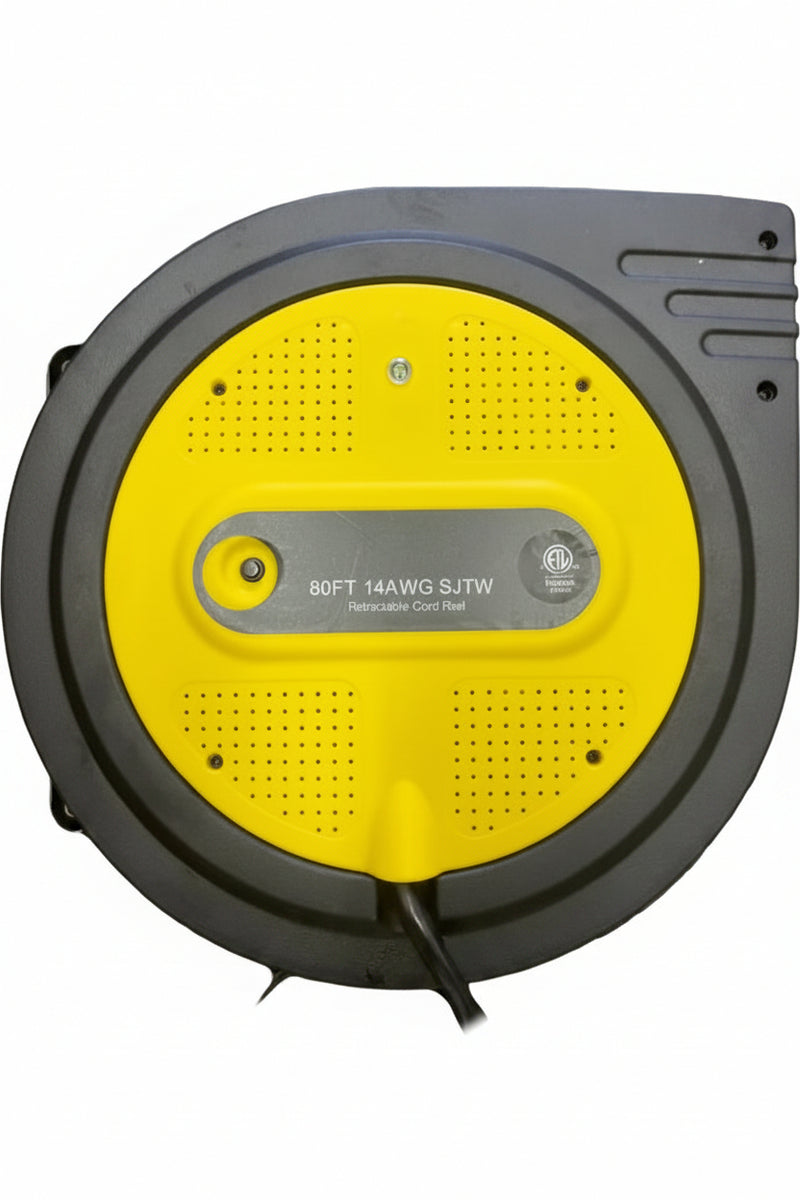 Retractable Cord Reel 80ft Nema 5-15P to Nema 5-15TT Fan Style Lighted Extension Cord 14/3 SJTW NA 15A 125V