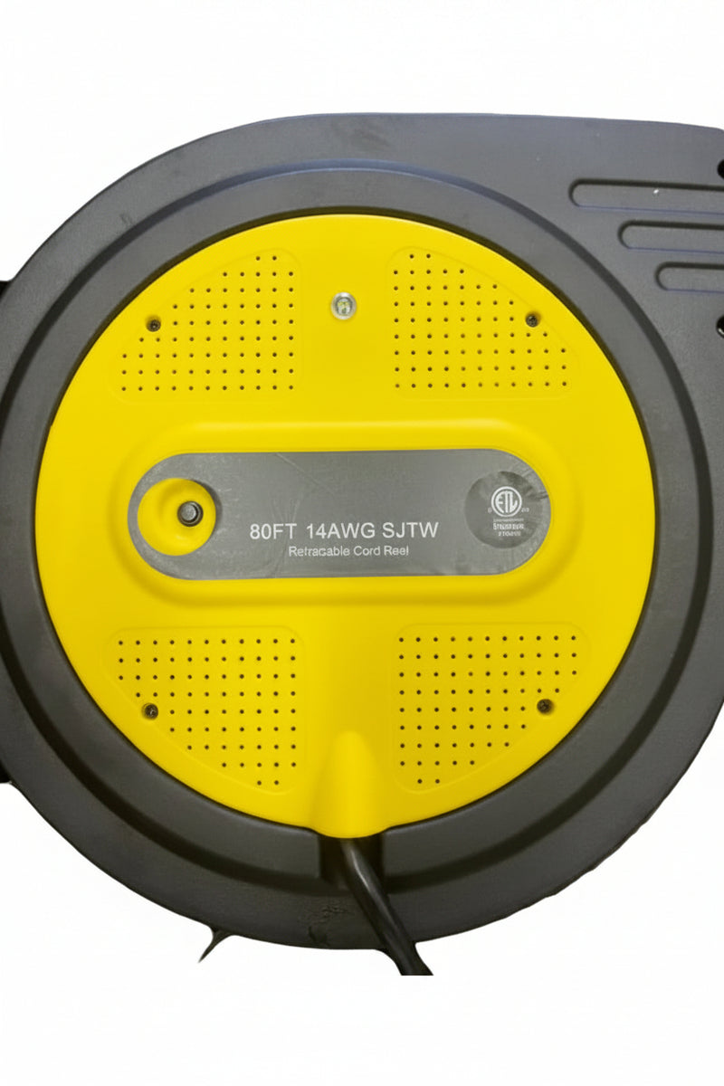 Retractable Cord Reel 50ft Nema 5-15P to Nema 5-15TT Fan Style Extension Cord 14/3 SJTW NA 15A 125V