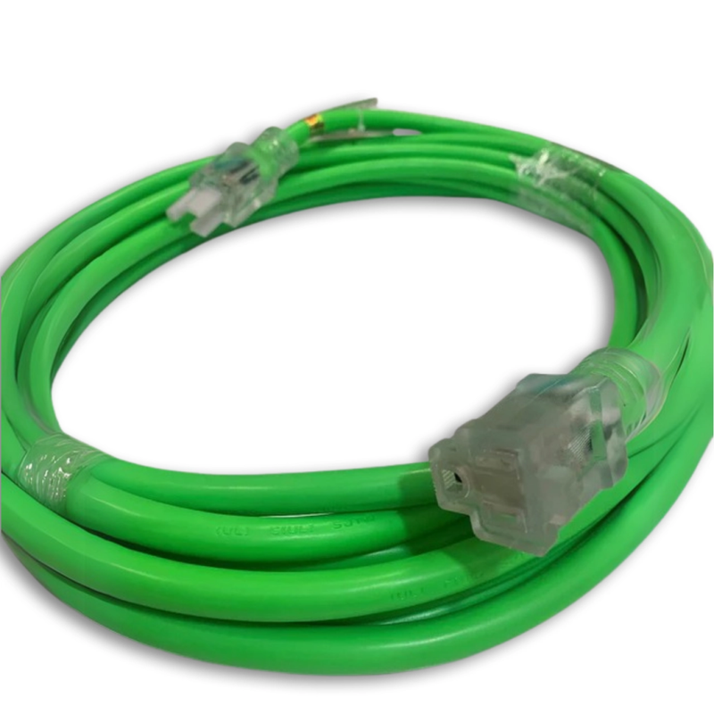 50FT NEMA 5-15P TO NEMA 5-15R NEON GREEN LIGHTED EXTENSION CORD 12/3 SJTW NA 20A 125V
