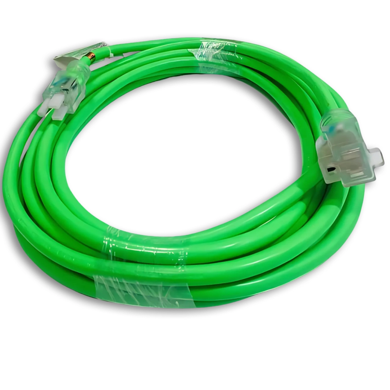 50FT NEMA 5-15P TO NEMA 5-15R NEON GREEN LIGHTED EXTENSION CORD 12/3 SJTW NA 20A 125V