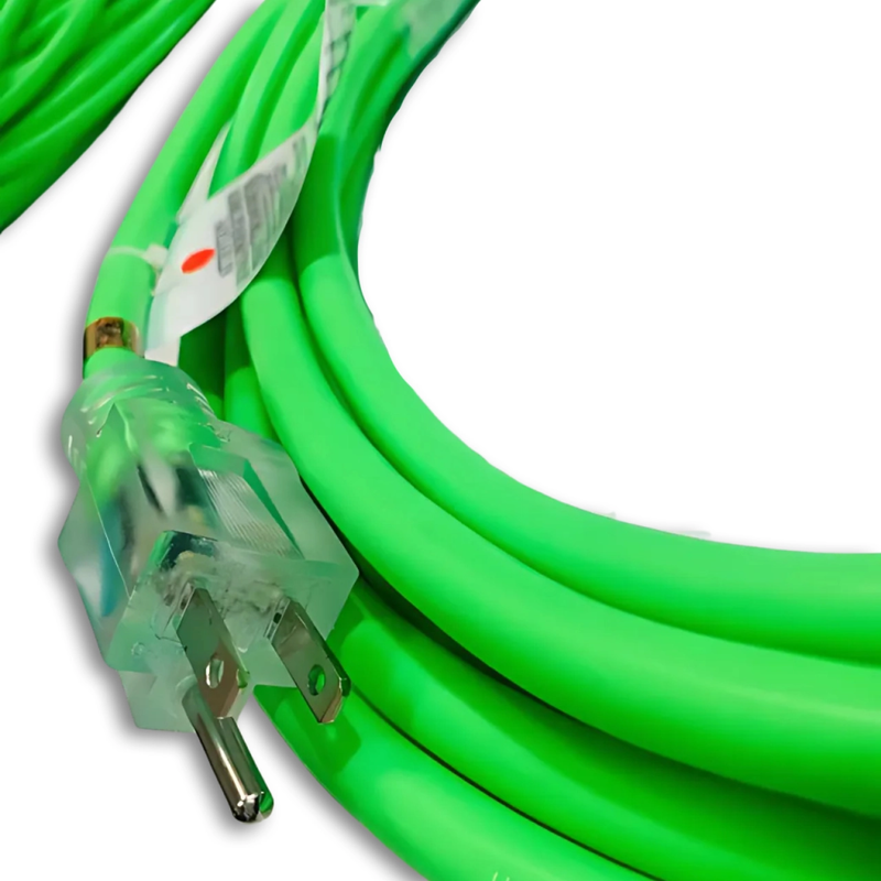 50FT NEMA 5-15P TO NEMA 5-15R NEON GREEN LIGHTED EXTENSION CORD 12/3 SJTW NA 20A 125V