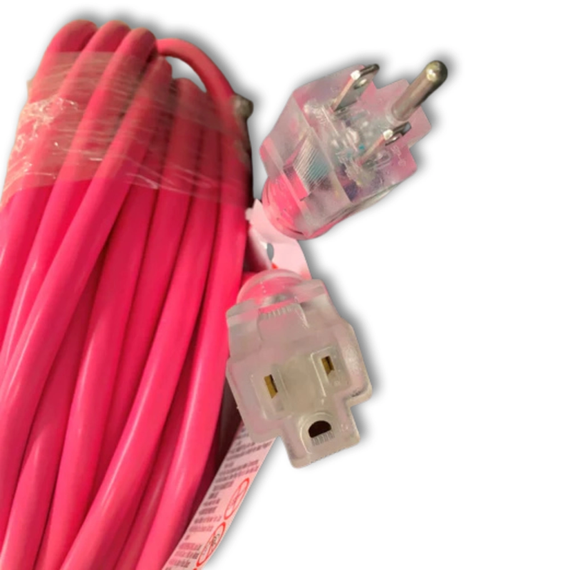 50FT NEMA 5-15P TO NEMA 5-15R NEON PINK LIGHTED EXTENSION CORD 12/3 SJTW NA 20A 125V