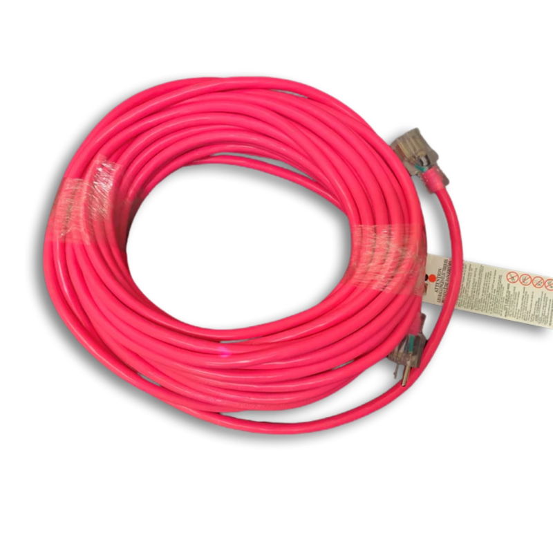 50FT NEMA 5-15P TO NEMA 5-15R NEON PINK LIGHTED EXTENSION CORD 12/3 SJTW NA 20A 125V