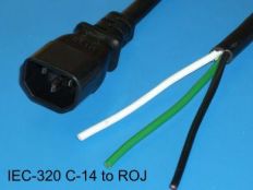 10FT IEC 320 C-14 to ROJ 2" STRIP 5/8" 18/3 SJTOW Black CEE 10A 125V
